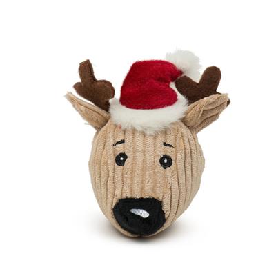 Dog toy shaped like a reindeer head with a Santa hat on a white background