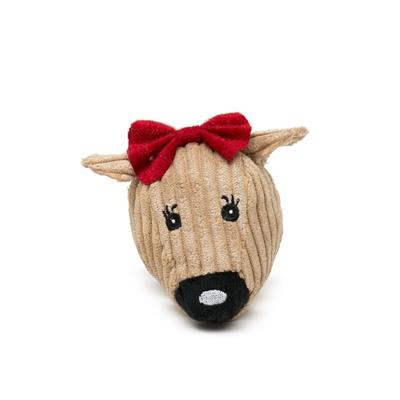 Textile reindeer head with a red bow on a white background