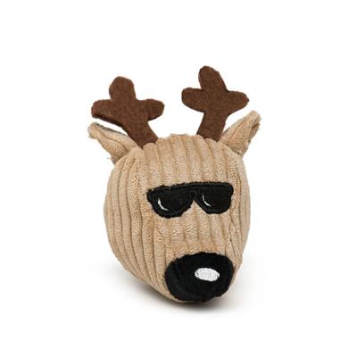 Dog toy shaped like a deer head with sunglasses on a white background