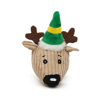 Plush reindeer toy with a green elf hat on a white background