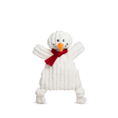 White snowman-shaped dog toy with a red scarf on a white background