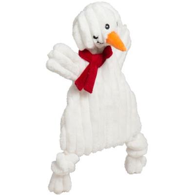 White plush snowman dog toy with a red scarf on a white background