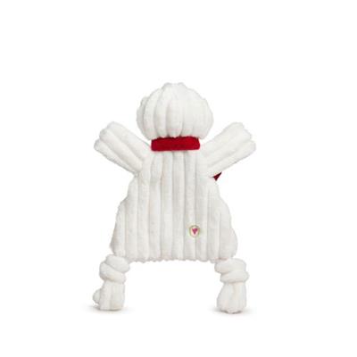 White plush dog toy with red accents on a white background