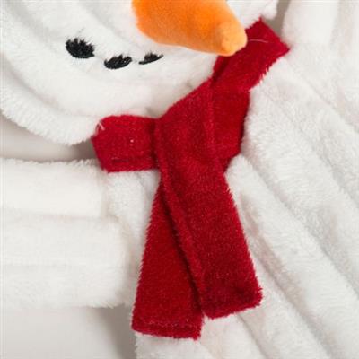Close-up of a snowman plush dog toy with a red scarf on a white background