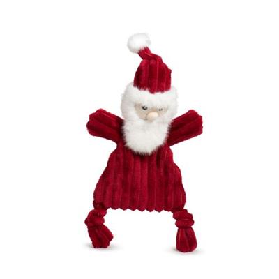 Red plush Santa Claus dog toy on a white background