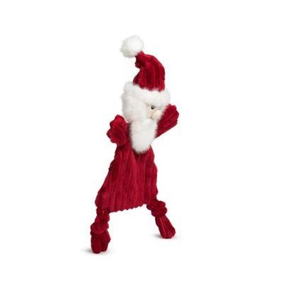 Red plush dog toy resembling a Santa Claus figure on a white background