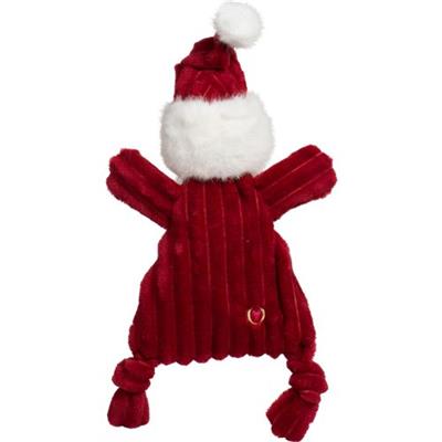 Red plush dog toy with a white pom-pom hat on a white background
