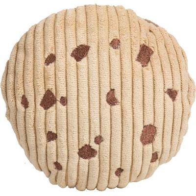 Round beige cookie ball dog toy with brown spots on a white background