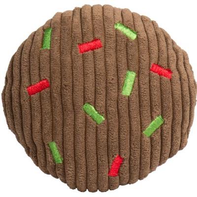 Brown textured cookie ball dog toy with red and green accents on a white background