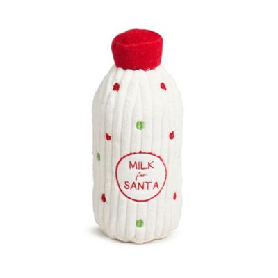 Plush bottle dog toy with red cap and 'Milk for Santa' text on a white background
