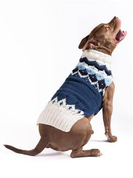 Dog wearing Chilly Dog Midnight Ski Blue dog sweater