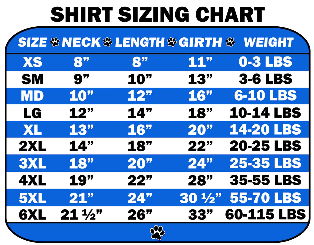 Mirage Pet Products Dog & Cat T-Shirt Size Chart