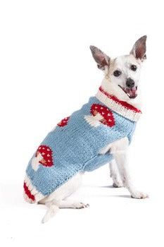 Dog wearing light blue Chilly Dog Mushroom Alpaca Sweater