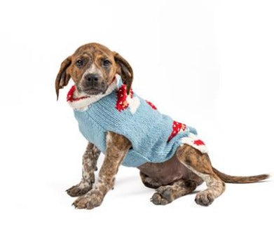 Dog wearing light blue Chilly Dog Mushroom Alpaca Sweater