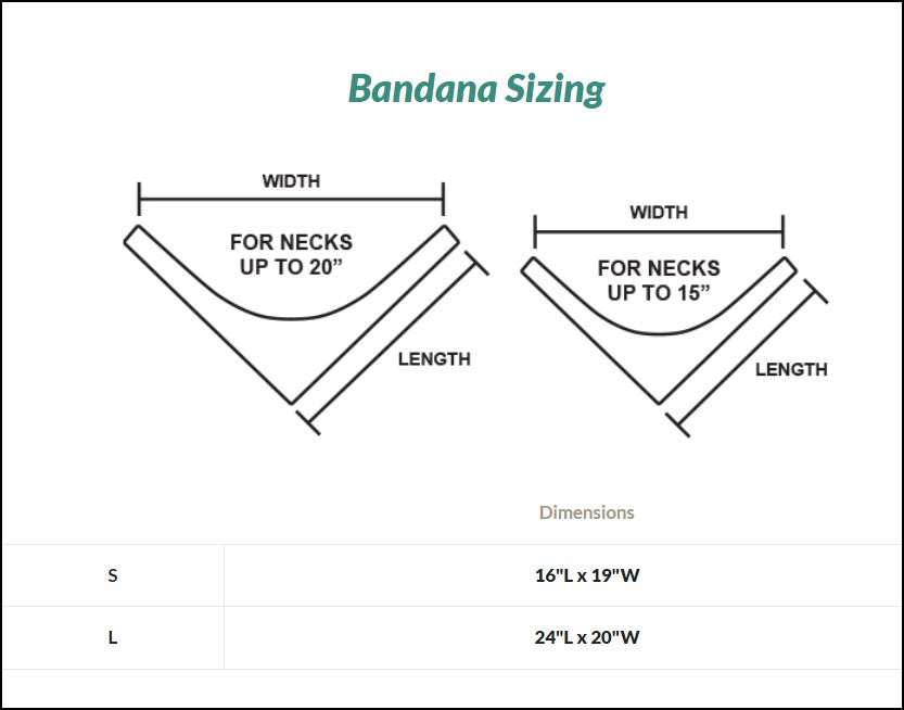 Bandana sizing chart with dimensions for neck sizes up to 20" and 15".