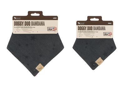 Two dog bandanas with packaging on a white background
