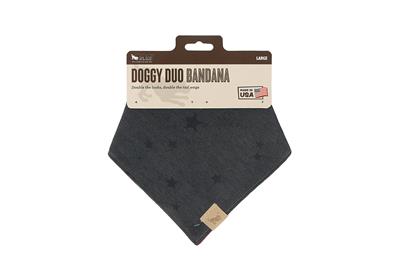 Doggy Duo Bandana on a white background with packaging label.