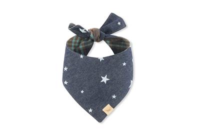 Navy blue bandana with white star pattern and plaid tie on a white background