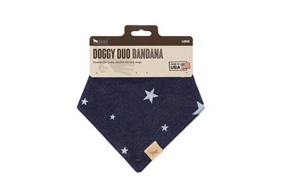 Navy blue bandana with white star patterns on a white background