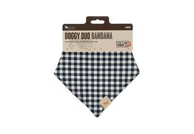 Black and white checkered bandana on a white background with packaging.