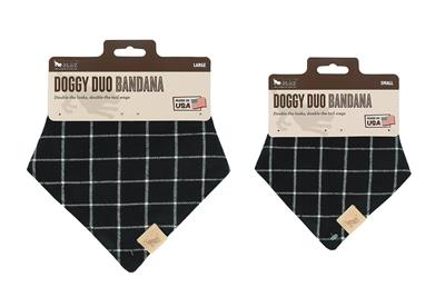 Two black plaid dog bandanas with packaging on a white background