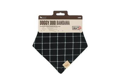 Black and white checkered bandana with packaging on a white background