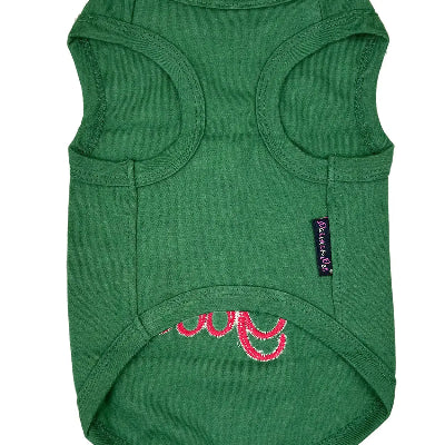 Green dog tank top with RED design on a white background
