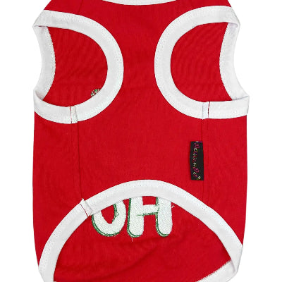 Red dog t-shirt with white trim and 'OH' embroidery on a white background
