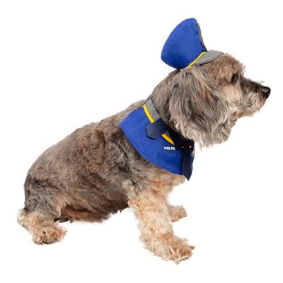 Dog wearing a blue police vest and hat on a white background