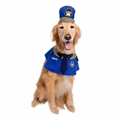 Golden Retriever wearing a blue police costume with a hat on a white background