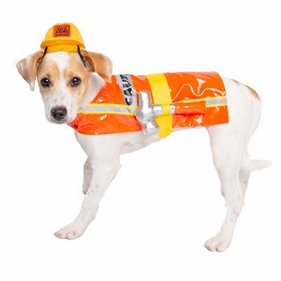 Dog wearing a Halloween Construction Worker costume with an orange and yellow outfit on a white background