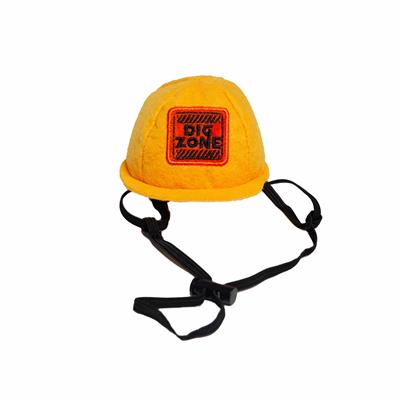 Yellow Construction Worker pet helmet with a black strap on a white background