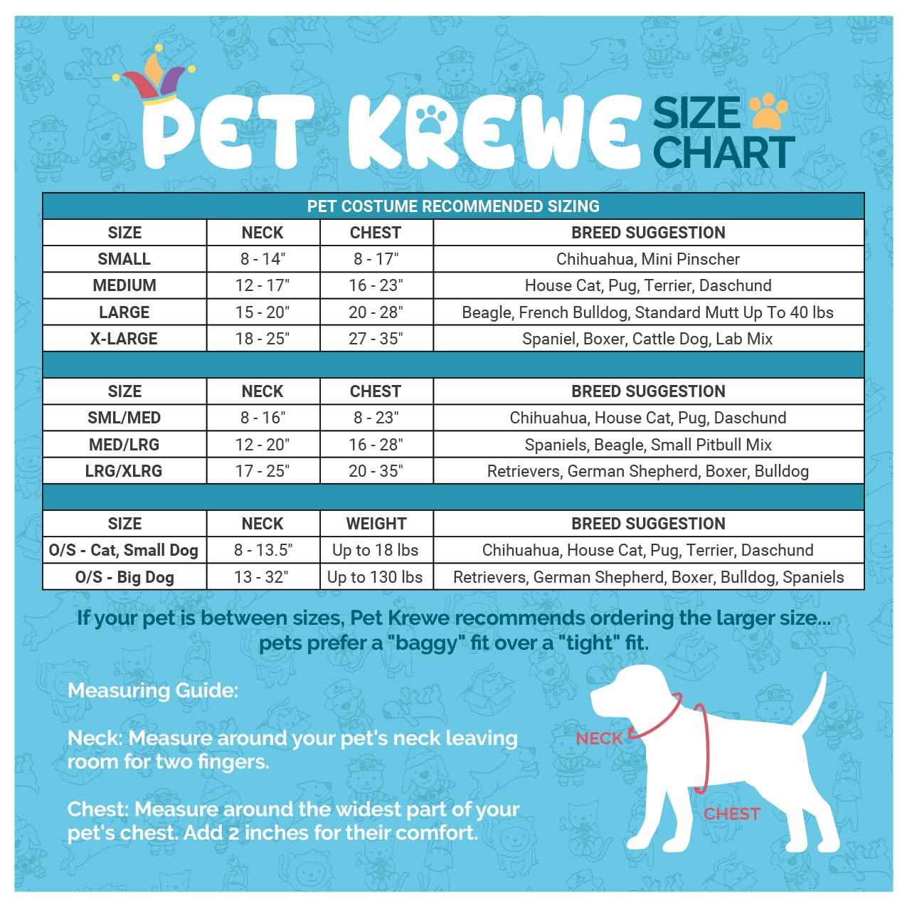 Pet Krewe size chart for pet costumes on a blue background