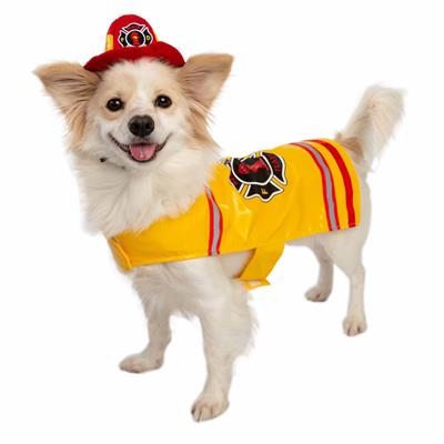 Dog wearing a yellow firefighter costume with red and black details on a white background