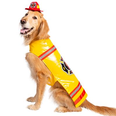 Golden Retriever wearing a yellow fireman costume with a red hat on a white background