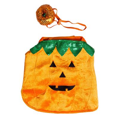 Halloween-themed pumpkin costume with a small pumpkin hat on a white background