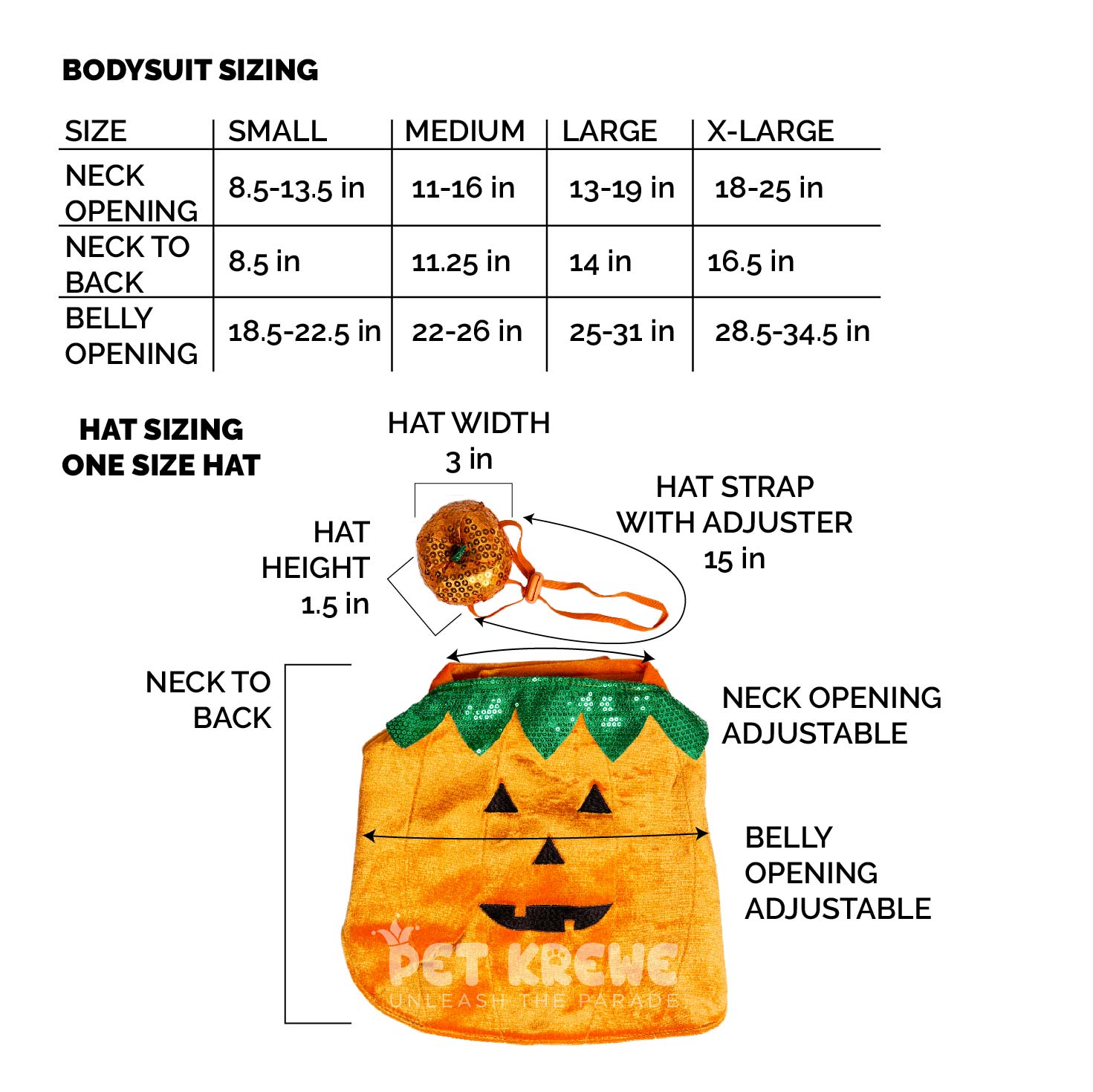 Measurement chart for a pumpkin-shaped pet costume with 'Pet Krewe' branding, showing size chart and measurements.