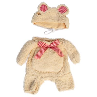 Beige teddy bear costume with hood and bow on a white background