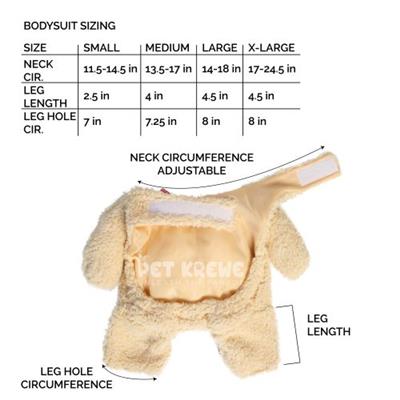 Sizing chart for a bodysuit with measurements and a sample bodysuit on a white background.