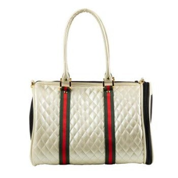 Petote Ivory Quilted JL Duffle Pet Tote Carrier with Red & Green Stripe