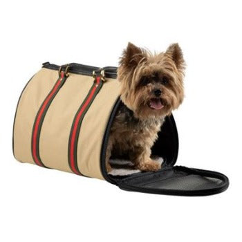 Petote Khaki JL Duffle Pet Tote Carrier with Red & Green Stripe