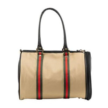 Petote Khaki JL Duffle Pet Tote Carrier with Red & Green Stripe