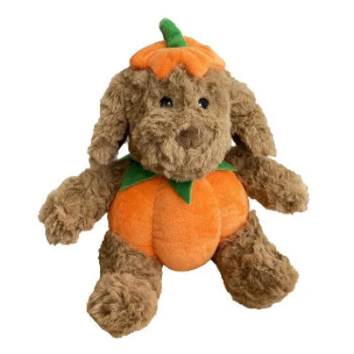 A plush dog toy designed to look like a puppy in a pumpkin costume, with embroidered details and a squeaker.