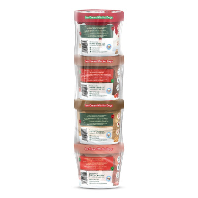 Stack of four packages of Ice Cream Mix for Dogs on a white background