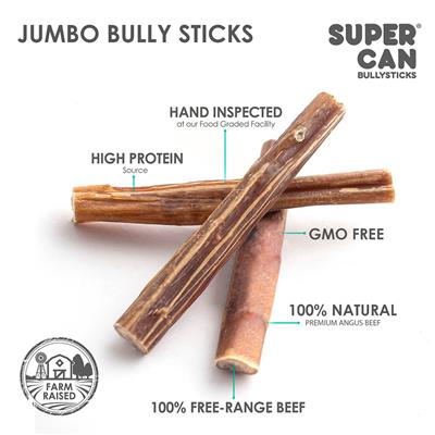 Jumbo bully sticks with Super Can Bullysticks branding and certification logos on a white background.