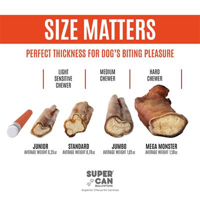 Chart showing different sizes of dog bully sticks with Super Can branding.