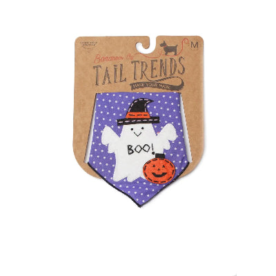 Halloween-themed dog bandana with ghost design on a Tail Trends packaging
