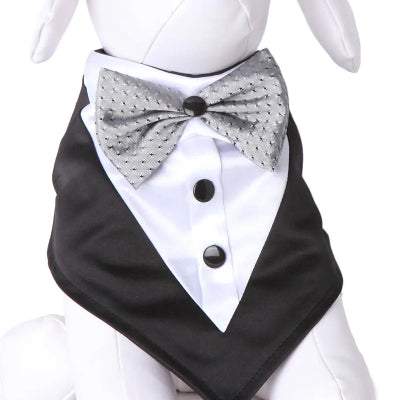 Dog tuxedo bandana with black and white design and gray bow tie on a mannequin
