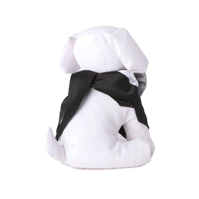White dog mannequin with a black tie bandana on a white background
