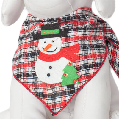 Plaid dog bandana with snowman and Christmas tree design on a mannequin.